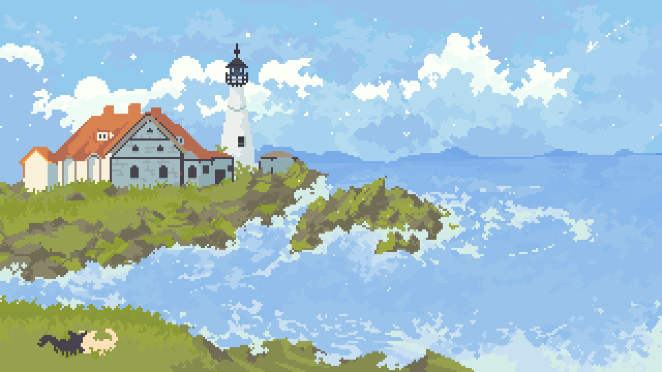 Paisaje pixel art con rocas y casas