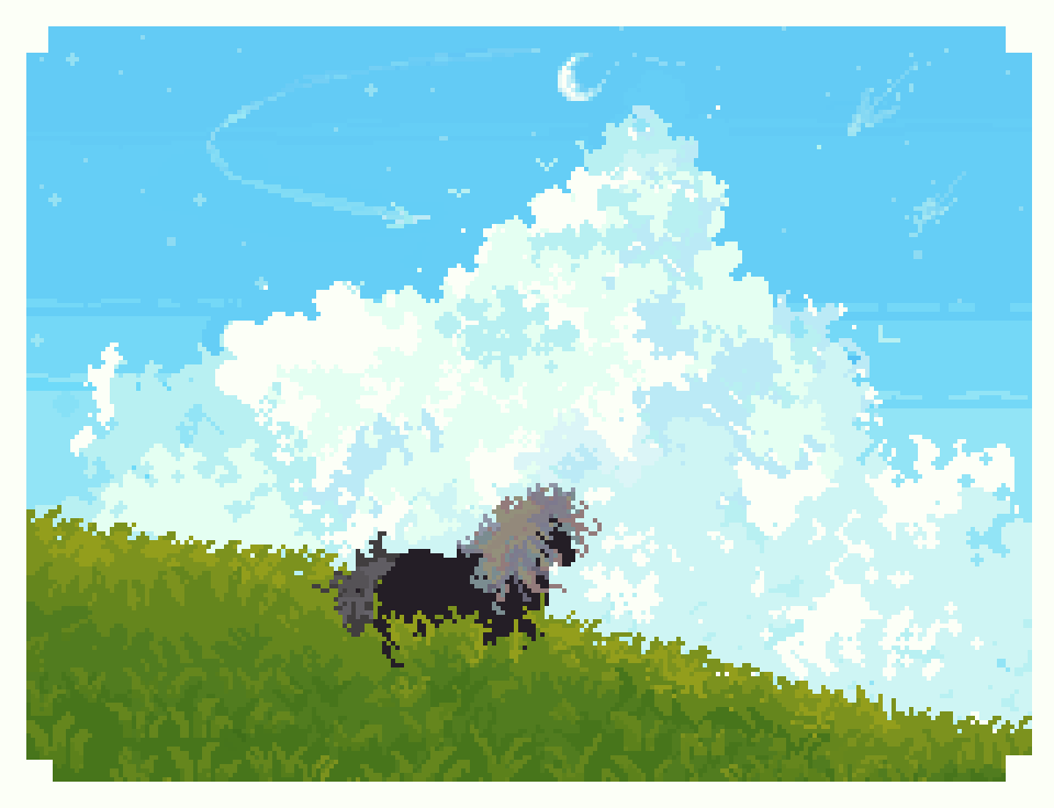 Caballo entre nubes, personajes y paisaje
